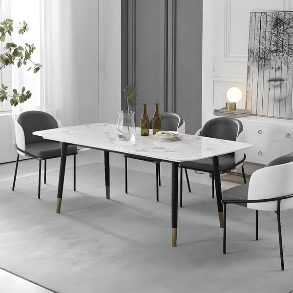 Malvern Modern Dining Table – White Sintered Stone Top with Black Painted Steel Legs, Contemporary Dining Table for 4–6 Seater Homes, Easy Assembly Kitchen & Dining Room Table - Sleek Furniture