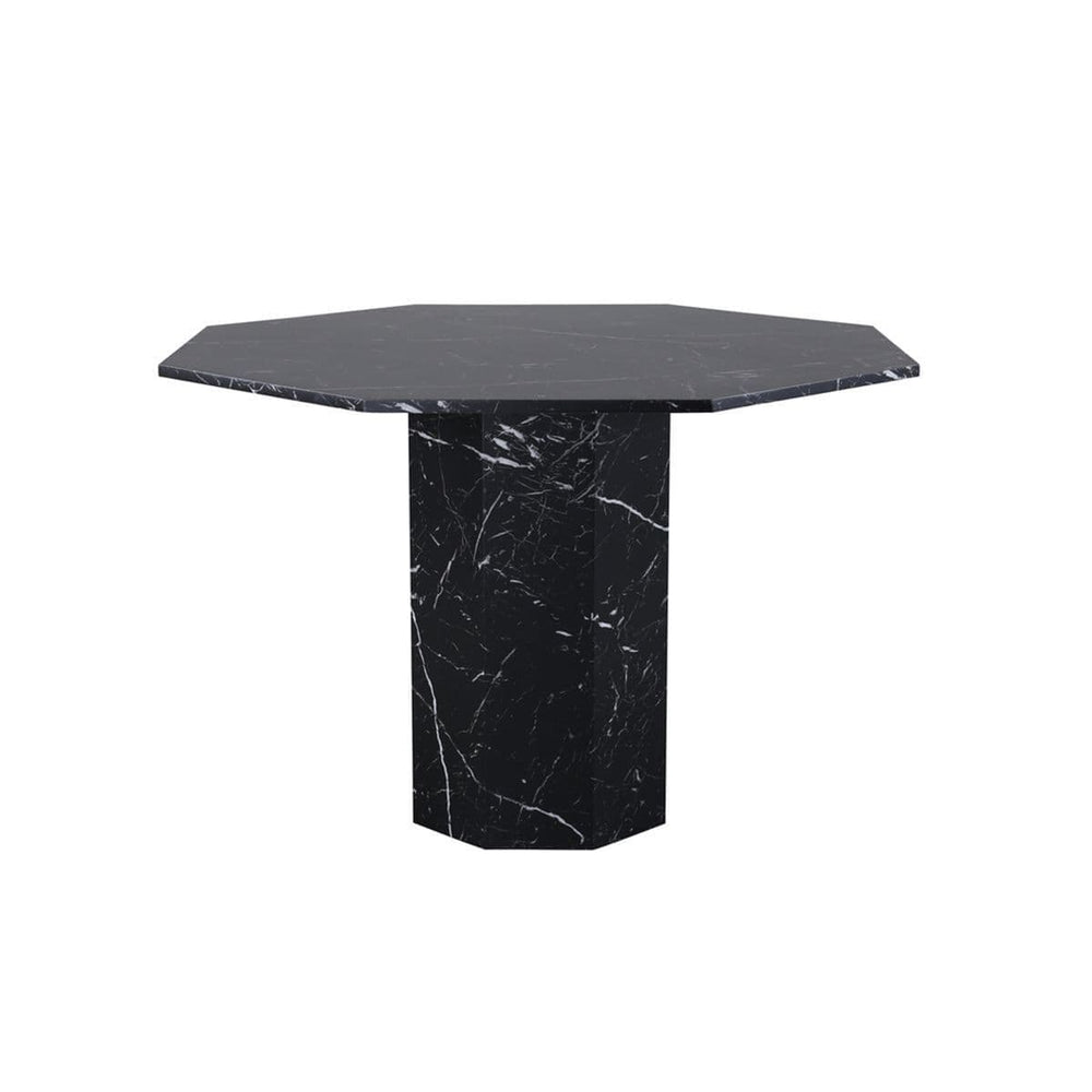 Marbs Round Dining Table | Black Marble Patterned MDF & Smoke Glass