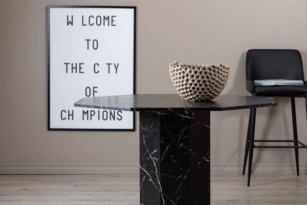 Marbs Round Dining Table | Black Marble Patterned MDF & Smoke Glass