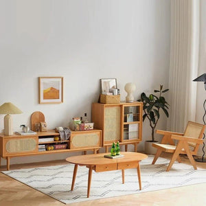 Mario Cane Rattan TV Stand – Solid Wood Media Console Unit with Cane Rattan Doors, Cherry Wood Finish, Modern Living Room TV Cabinet with Storage Shelves - Sleek Furniture