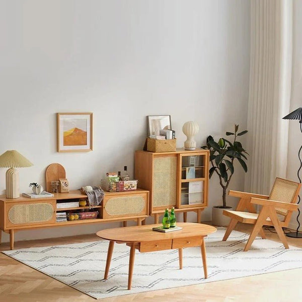 Mario Cane Rattan TV Stand – Solid Wood Media Console Unit with Cane Rattan Doors, Cherry Wood Finish, Modern Living Room TV Cabinet with Storage Shelves - Sleek Furniture