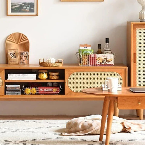 Mario Cane Rattan TV Stand – Solid Wood Media Console Unit with Cane Rattan Doors, Cherry Wood Finish, Modern Living Room TV Cabinet with Storage Shelves - Sleek Furniture