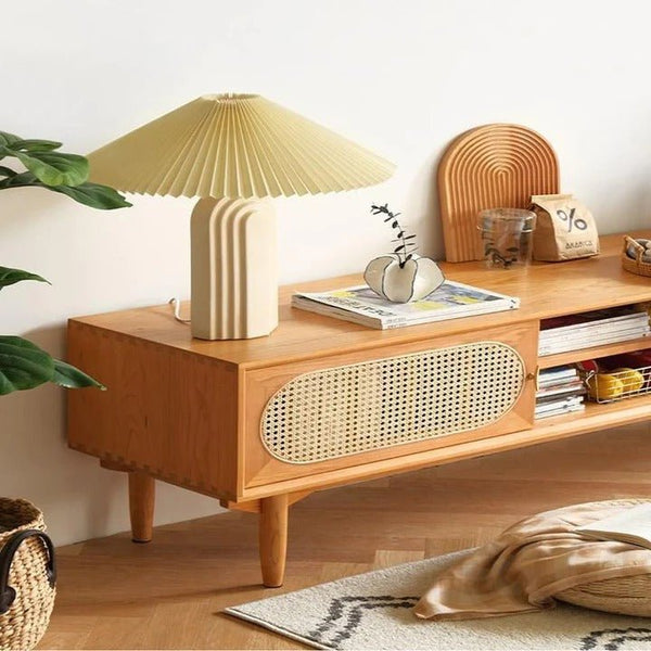 Mario Cane Rattan TV Stand – Solid Wood Media Console Unit with Cane Rattan Doors, Cherry Wood Finish, Modern Living Room TV Cabinet with Storage Shelves - Sleek Furniture
