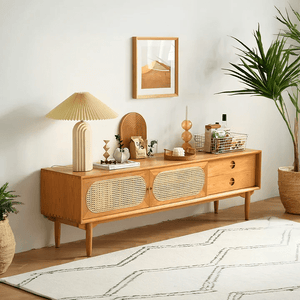 Mario Cane Rattan TV Stand – Solid Wood Media Console Unit with Cane Rattan Doors, Cherry Wood Finish, Modern Living Room TV Cabinet with Storage Shelves - Sleek Furniture