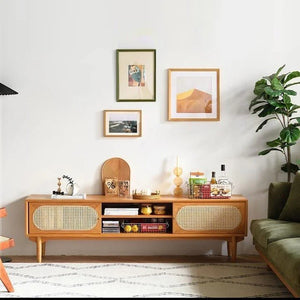 Mario Cane Rattan TV Stand – Solid Wood Media Console Unit with Cane Rattan Doors, Cherry Wood Finish, Modern Living Room TV Cabinet with Storage Shelves - Sleek Furniture