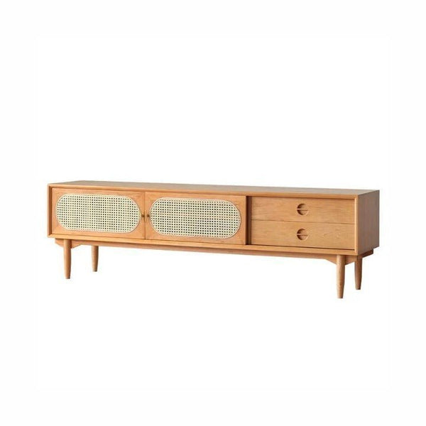 Mario Cane Rattan TV Stand – Solid Wood Media Console Unit with Cane Rattan Doors, Cherry Wood Finish, Modern Living Room TV Cabinet with Storage Shelves - Sleek Furniture