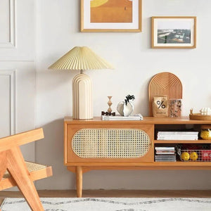 Mario Cane Rattan TV Stand – Solid Wood Media Console Unit with Cane Rattan Doors, Cherry Wood Finish, Modern Living Room TV Cabinet with Storage Shelves - Sleek Furniture