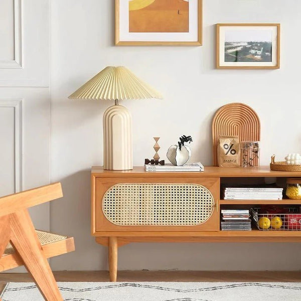 Mario Cane Rattan TV Stand – Solid Wood Media Console Unit with Cane Rattan Doors, Cherry Wood Finish, Modern Living Room TV Cabinet with Storage Shelves - Sleek Furniture