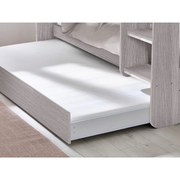 Mars Grey Oak Wooden Bunk Bed with Pull-Out Trundle & Storage Shelving - Sleek Furniture