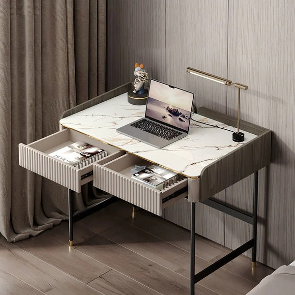 Mateo Modern Home Office Desk with Drawers and Storage Shelves | Contemporary Workstation Table in MDF, Sintered Stone & Steel Frame | Multi - Color Study & Computer Desk - Sleek Furniture