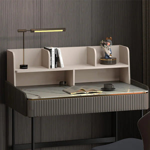Mateo Modern Home Office Desk with Drawers and Storage Shelves | Contemporary Workstation Table in MDF, Sintered Stone & Steel Frame | Multi - Color Study & Computer Desk - Sleek Furniture