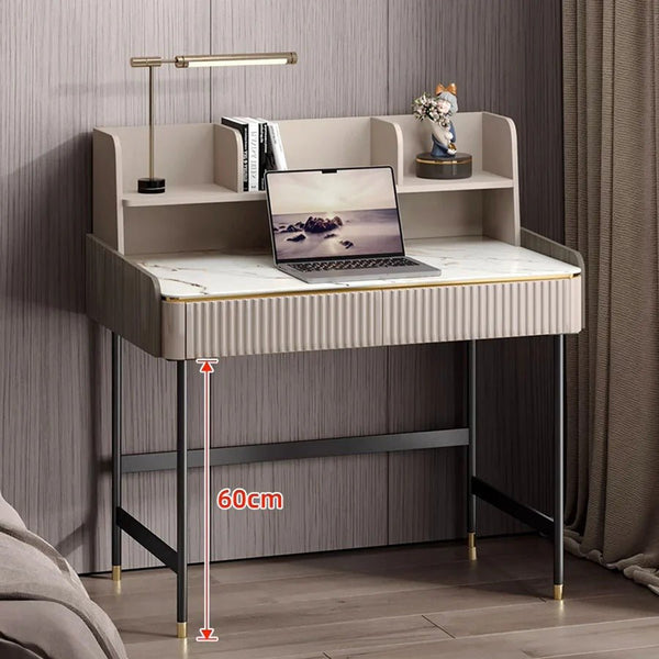 Mateo Modern Home Office Desk with Drawers and Storage Shelves | Contemporary Workstation Table in MDF, Sintered Stone & Steel Frame | Multi - Color Study & Computer Desk - Sleek Furniture