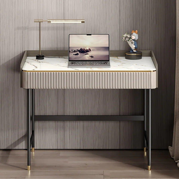 Mateo Modern Home Office Desk with Drawers and Storage Shelves | Contemporary Workstation Table in MDF, Sintered Stone & Steel Frame | Multi - Color Study & Computer Desk - Sleek Furniture