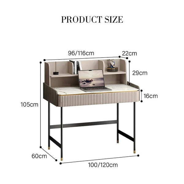 Mateo Modern Home Office Desk with Drawers and Storage Shelves | Contemporary Workstation Table in MDF, Sintered Stone & Steel Frame | Multi - Color Study & Computer Desk - Sleek Furniture