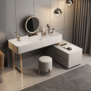 Maynard Dressing Table with Sideboard, LED Mirror & Storage Drawers, Modern Vanity Makeup Desk with Steel Frame, Contemporary Bedroom Dressing Station - Sleek Furniture