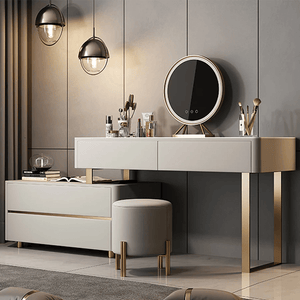 Maynard Dressing Table with Sideboard, LED Mirror & Storage Drawers, Modern Vanity Makeup Desk with Steel Frame, Contemporary Bedroom Dressing Station - Sleek Furniture