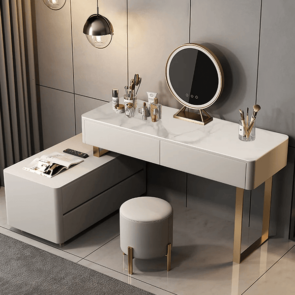 Maynard Dressing Table with Sideboard, LED Mirror & Storage Drawers, Modern Vanity Makeup Desk with Steel Frame, Contemporary Bedroom Dressing Station - Sleek Furniture