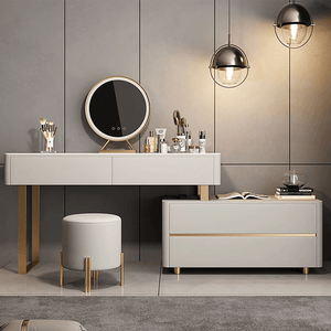 Maynard Dressing Table with Sideboard, LED Mirror & Storage Drawers, Modern Vanity Makeup Desk with Steel Frame, Contemporary Bedroom Dressing Station - Sleek Furniture