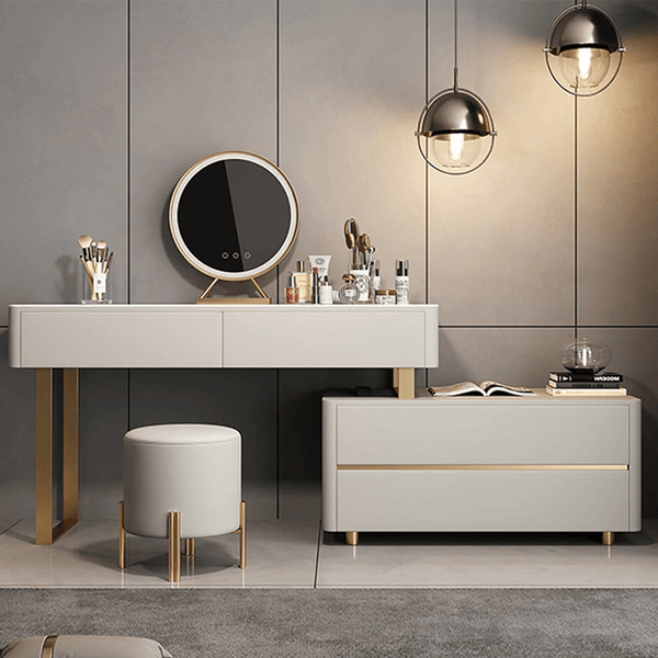 Maynard Dressing Table with Sideboard, LED Mirror & Storage Drawers, Modern Vanity Makeup Desk with Steel Frame, Contemporary Bedroom Dressing Station - Sleek Furniture