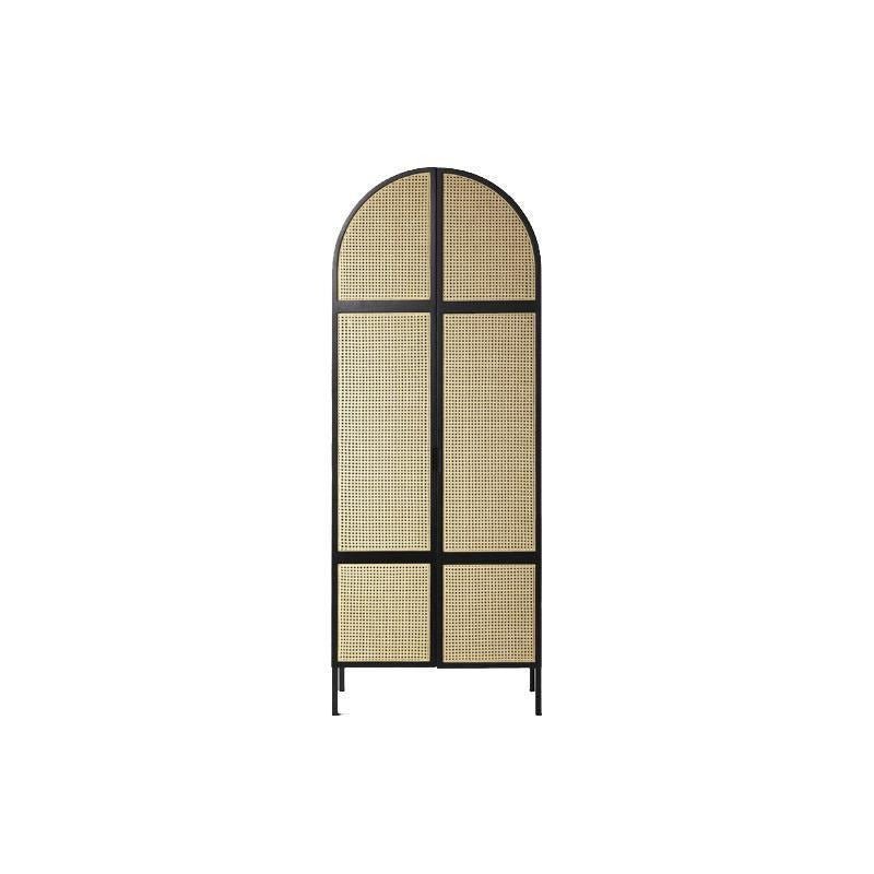 Melisa Cane Rattan Wardrobe – Solid Wood Oak Finish Storage Cabinet with Rattan Doors, Contemporary Bedroom Armoire (Oak, Green & Black Accents) - Sleek Furniture