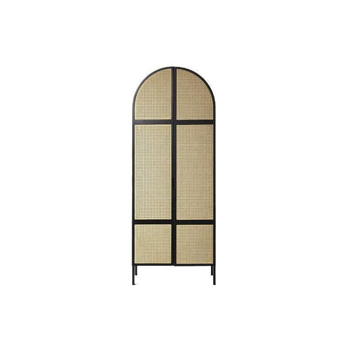 Melisa Cane Rattan Wardrobe – Solid Wood Oak Finish Storage Cabinet with Rattan Doors, Contemporary Bedroom Armoire (Oak, Green & Black Accents) - Sleek Furniture