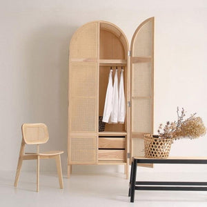 Melisa Cane Rattan Wardrobe – Solid Wood Oak Finish Storage Cabinet with Rattan Doors, Contemporary Bedroom Armoire (Oak, Green & Black Accents) - Sleek Furniture