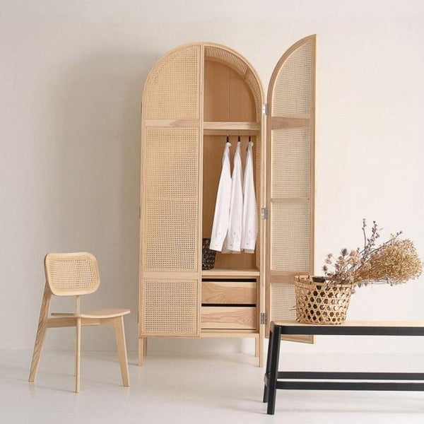 Melisa Cane Rattan Wardrobe – Solid Wood Oak Finish Storage Cabinet with Rattan Doors, Contemporary Bedroom Armoire (Oak, Green & Black Accents) - Sleek Furniture