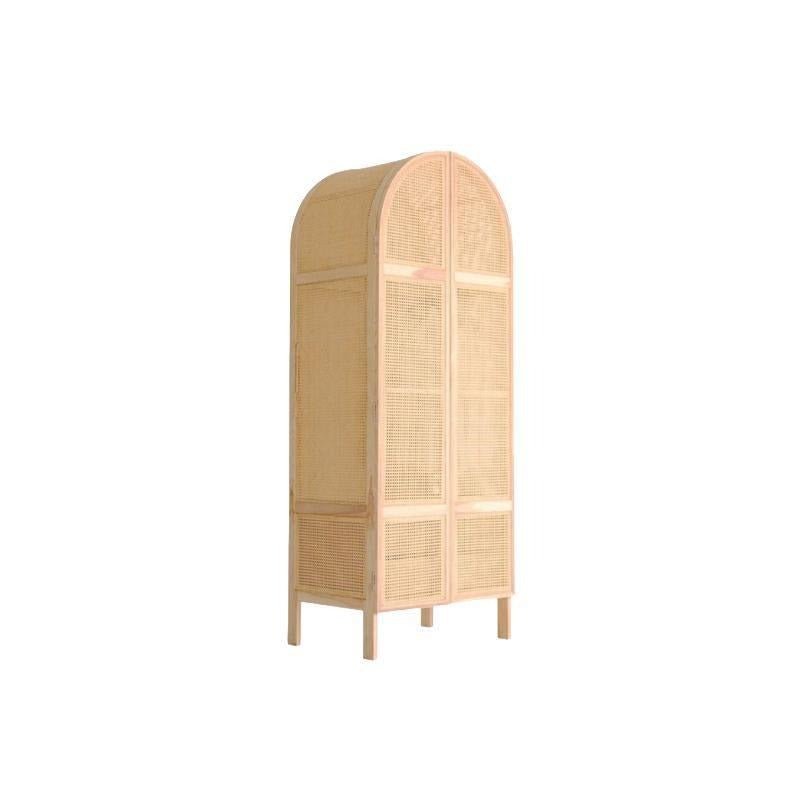 Melisa Cane Rattan Wardrobe – Solid Wood Oak Finish Storage Cabinet with Rattan Doors, Contemporary Bedroom Armoire (Oak, Green & Black Accents) - Sleek Furniture