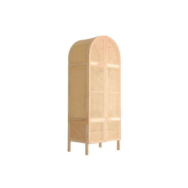 Melisa Cane Rattan Wardrobe – Solid Wood Oak Finish Storage Cabinet with Rattan Doors, Contemporary Bedroom Armoire (Oak, Green & Black Accents) - Sleek Furniture