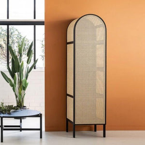 Melisa Cane Rattan Wardrobe – Solid Wood Oak Finish Storage Cabinet with Rattan Doors, Contemporary Bedroom Armoire (Oak, Green & Black Accents) - Sleek Furniture