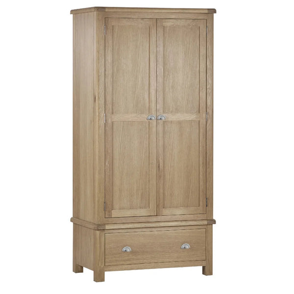 Memphis Limed Oak 2 Door 1 Drawer Wooden Wardrobe with Hanging Rail & Storage Drawer - Sleek Furniture