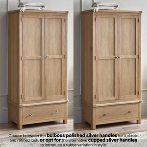 Memphis Limed Oak 2 Door 1 Drawer Wooden Wardrobe with Hanging Rail & Storage Drawer - Sleek Furniture