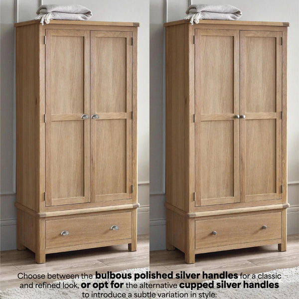 Memphis Limed Oak 2 Door 1 Drawer Wooden Wardrobe with Hanging Rail & Storage Drawer - Sleek Furniture