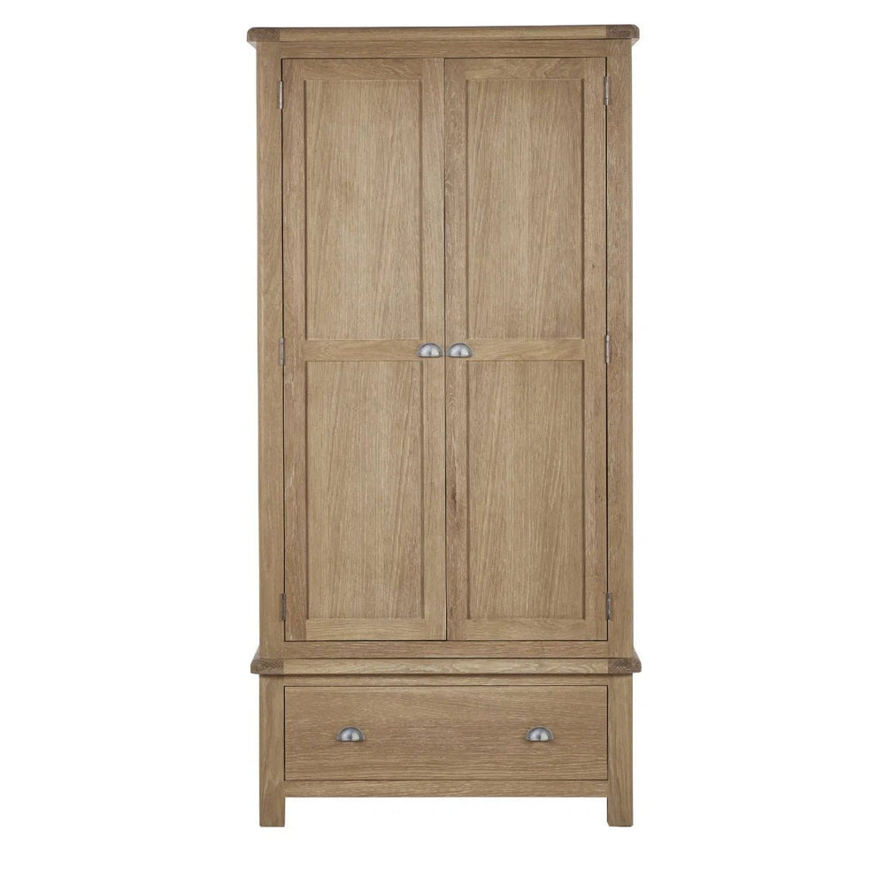 Memphis Limed Oak 2 Door 1 Drawer Wooden Wardrobe with Hanging Rail & Storage Drawer - Sleek Furniture