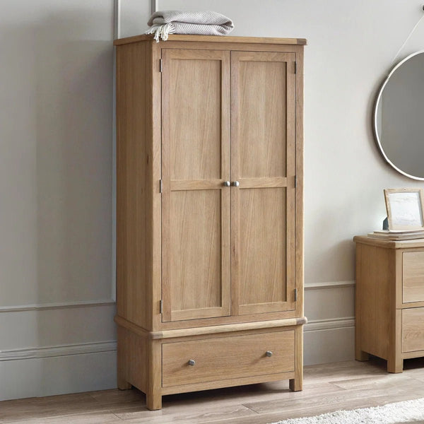 Memphis Limed Oak 2 Door 1 Drawer Wooden Wardrobe with Hanging Rail & Storage Drawer - Sleek Furniture