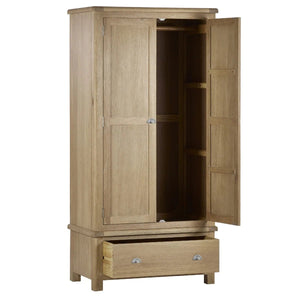 Memphis Limed Oak 2 Door 1 Drawer Wooden Wardrobe with Hanging Rail & Storage Drawer - Sleek Furniture