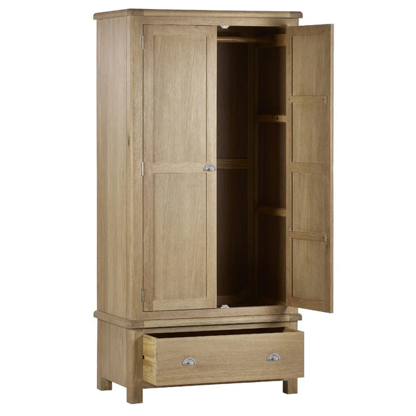 Memphis Limed Oak 2 Door 1 Drawer Wooden Wardrobe with Hanging Rail & Storage Drawer - Sleek Furniture