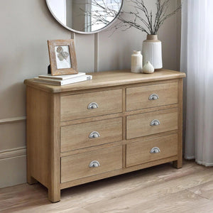 Memphis Limed Oak 6 Drawer Wide Chest of Drawers with Interchangeable Silver Handles - Sleek Furniture
