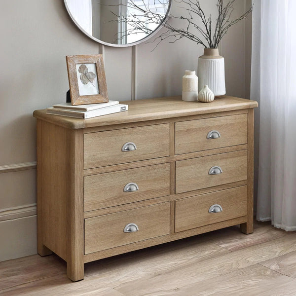 Memphis Limed Oak 6 Drawer Wide Chest of Drawers with Interchangeable Silver Handles - Sleek Furniture