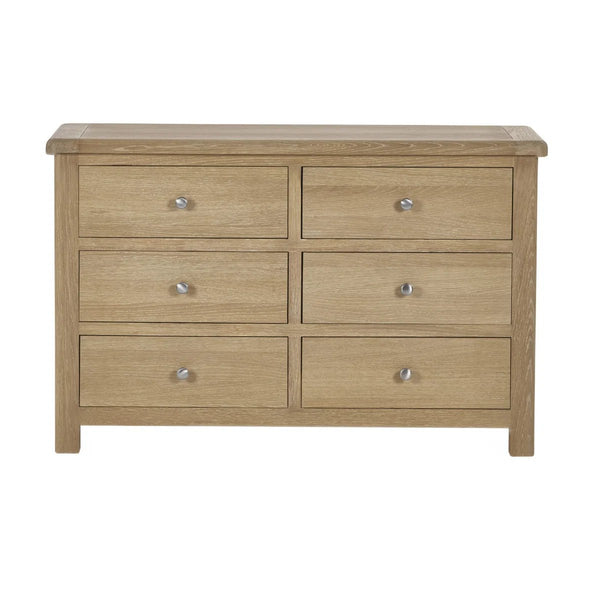 Memphis Limed Oak 6 Drawer Wide Chest of Drawers with Interchangeable Silver Handles - Sleek Furniture