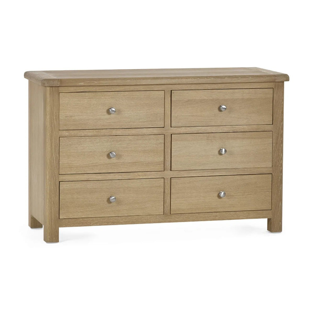 Memphis Limed Oak 6 Drawer Wide Chest of Drawers with Interchangeable Silver Handles - Sleek Furniture