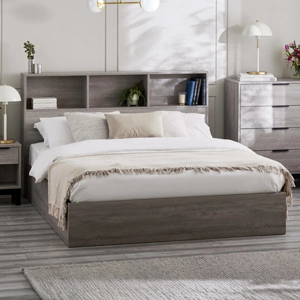 Bali Grey Oak Ottoman Storage Bed with Bookcase Headboard
