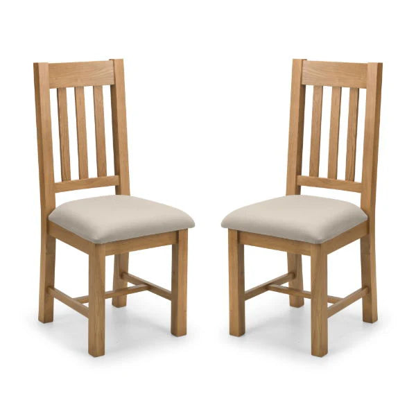 Hereford Solid White Oak Dining Chairs Set of 2 with Taupe Linen Upholstered Seats, Slatted Back, Waxed Finish, Wooden Dining Chair Pair