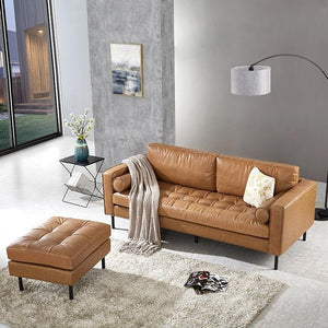 Minimalist Real Leather Three Seater Sofa – Modern Living Room Couch with High-Density Foam Cushions, Removable Seat Cushions, Durable Metal Legs - Sleek Furniture