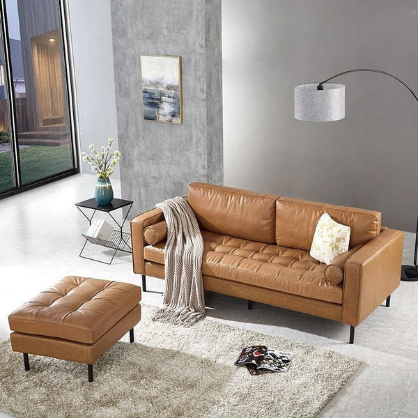 Minimalist Real Leather Three Seater Sofa – Modern Living Room Couch with High-Density Foam Cushions, Removable Seat Cushions, Durable Metal Legs - Sleek Furniture