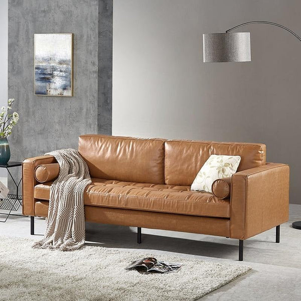 Minimalist Real Leather Three Seater Sofa – Modern Living Room Couch with High-Density Foam Cushions, Removable Seat Cushions, Durable Metal Legs - Sleek Furniture
