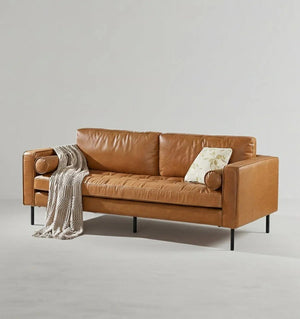 Minimalist Real Leather Three Seater Sofa – Modern Living Room Couch with High-Density Foam Cushions, Removable Seat Cushions, Durable Metal Legs - Sleek Furniture