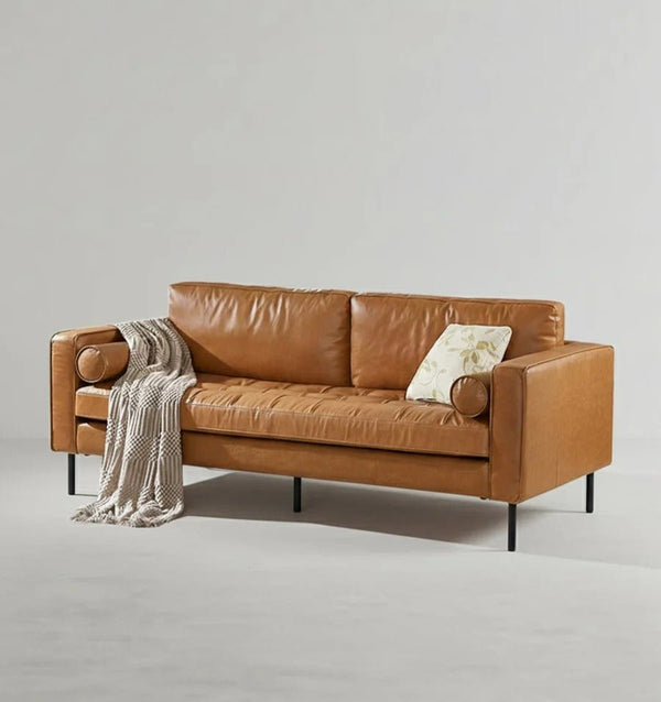 Minimalist Real Leather Three Seater Sofa – Modern Living Room Couch with High-Density Foam Cushions, Removable Seat Cushions, Durable Metal Legs - Sleek Furniture