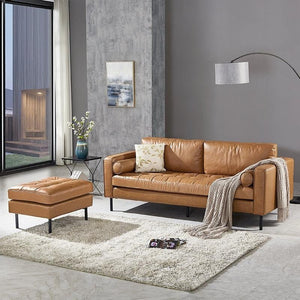 Minimalist Real Leather Three Seater Sofa – Modern Living Room Couch with High-Density Foam Cushions, Removable Seat Cushions, Durable Metal Legs - Sleek Furniture