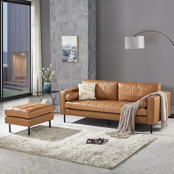 Minimalist Real Leather Three Seater Sofa – Modern Living Room Couch with High-Density Foam Cushions, Removable Seat Cushions, Durable Metal Legs - Sleek Furniture